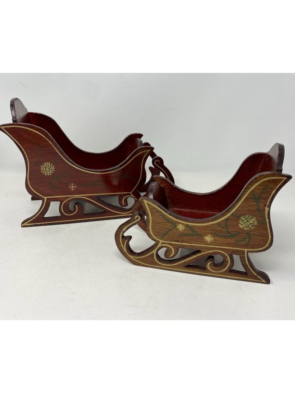 Set Of 2 Wooden Christmas Sleighs Holiday Decor Brown With Gold Snowflakes